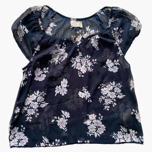 Abercrombie & Fitch Navy Floral Sheer Blouse Medium Cap Sleeve Button Top Y2K
